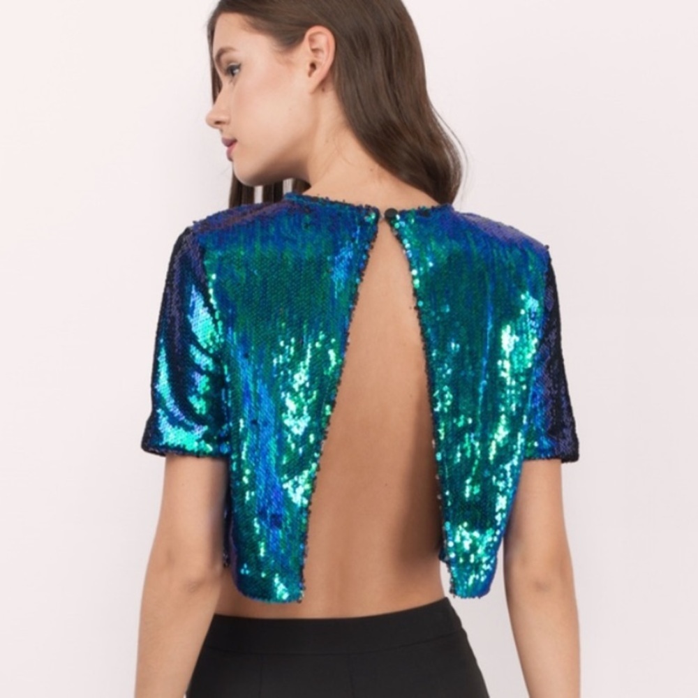 TOBI Metallic Open Back Sequin Cropped Top,